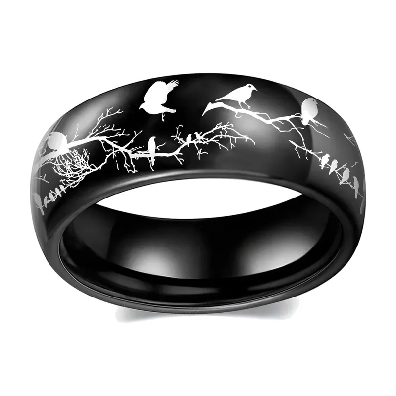 Bague Motif Oiseaux et Arbre, Acier Inoxydable