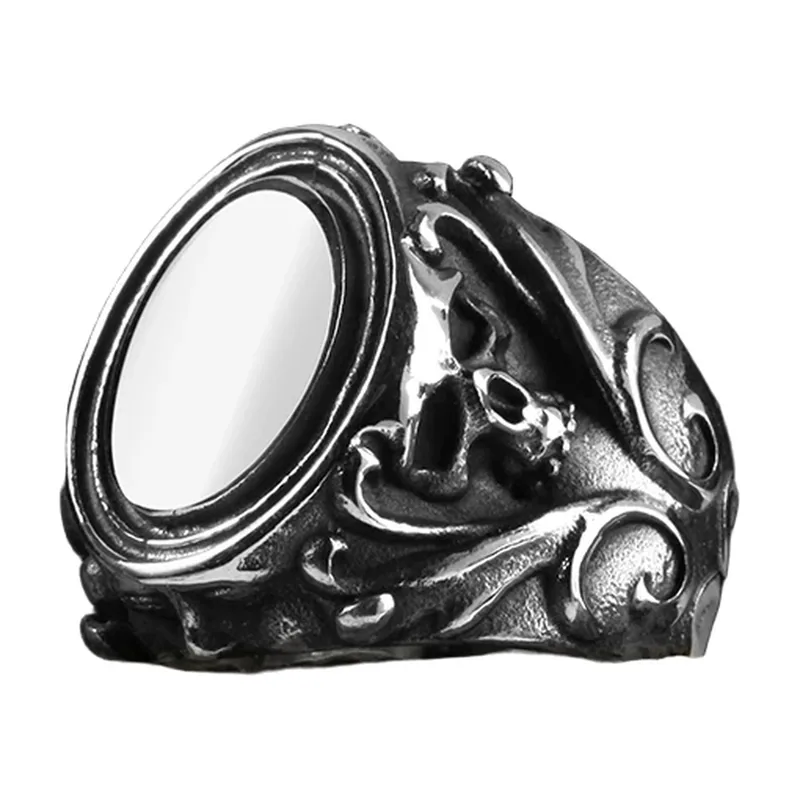Anello Sigillo con motivo Teschio e pietra trasparente, Acciaio Inox
