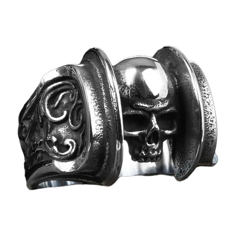 Gothic Skull Ring with Engraved Patterns, Stainless Steel
