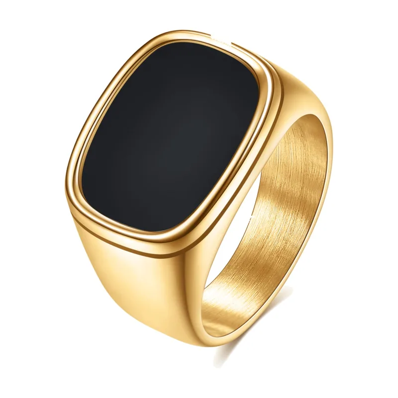 Chevalière Carrée avec Incrustation Noire, Acier Inoxydable Doré