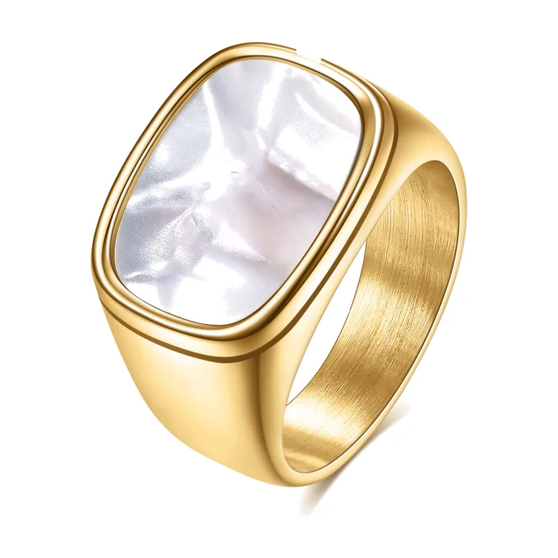 Square Signet Ring with White Stone, Stainless Steel
