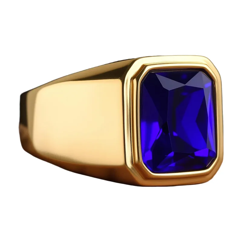 Rectangular Signet Ring with Blue Onyx Stone, Stainless Steel