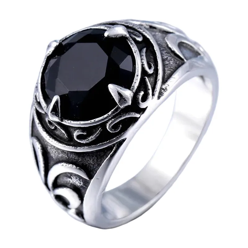 Anello Sigillo Vintage con Pietra Nera, Acciaio Inox