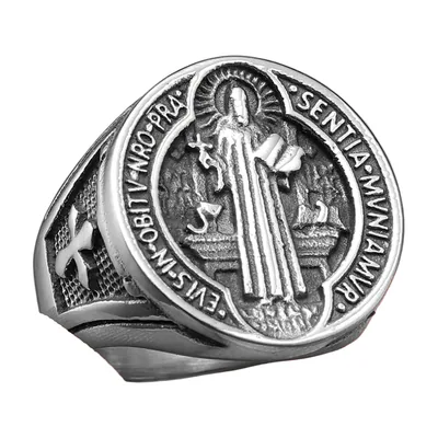 Herren Siegelring mit St. Benedikt Motiv, Edelstahl