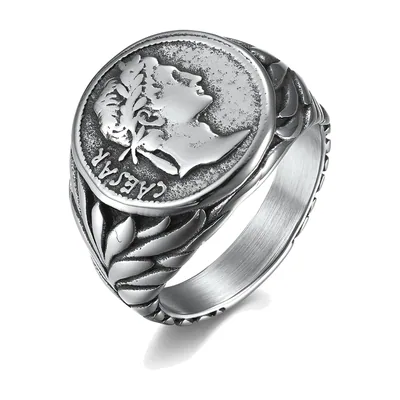 Anillo Sello Moneda Romana César, Acero Inoxidable