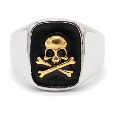 Herren Siegelring mit Totenkopf-Motiv und Gold-Details, Edelstahl