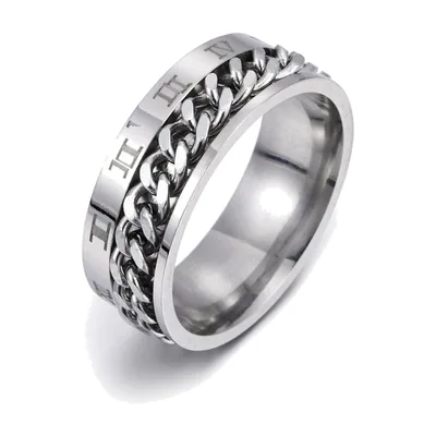 Spinner-Ring mit römischen Ziffern und Panzerkette, Edelstahl