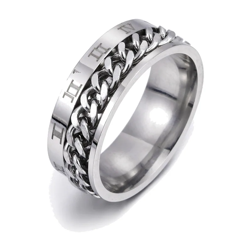 Spinner-Ring mit römischen Ziffern und Panzerkette, Edelstahl