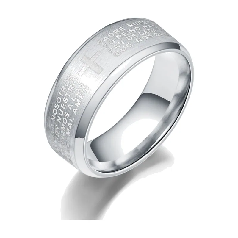 Anillo Religioso de Cruz con Versículo Bíblico, Acero Inoxidable 316L