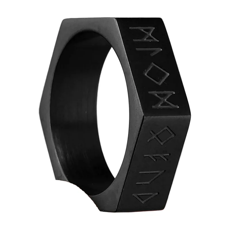 Anillo Hexagonal de Runas Vikingas, Acero Inoxidable Negro Mate