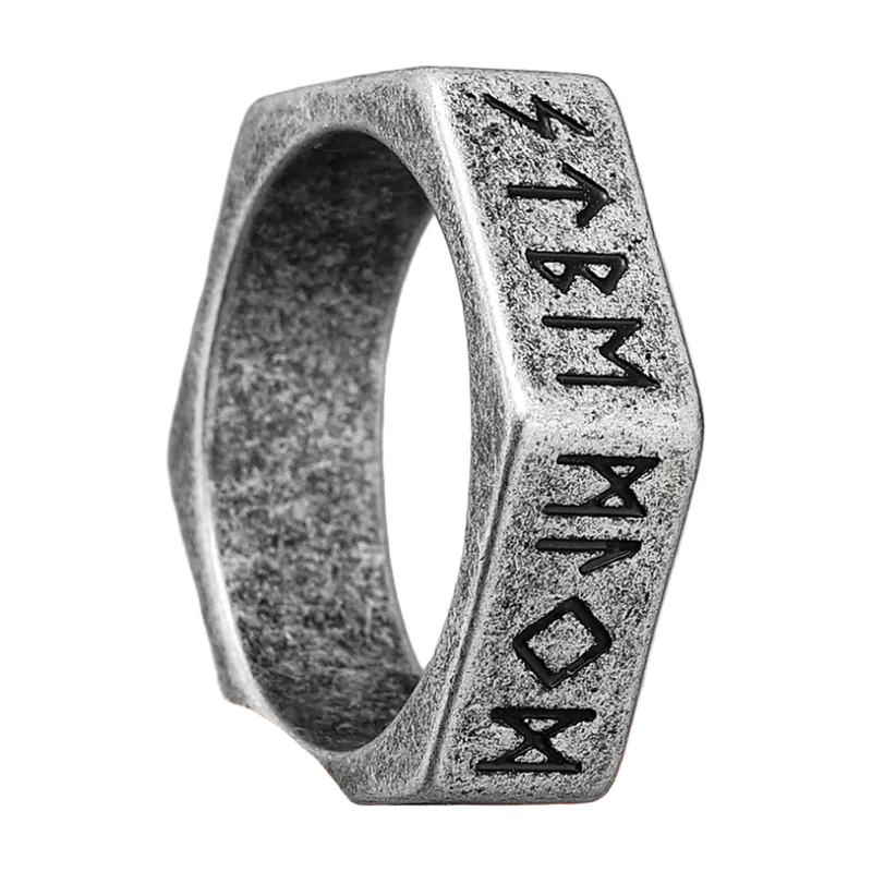 Chevalière Runes Vikings en Acier Inoxydable 316L, Finition Antique