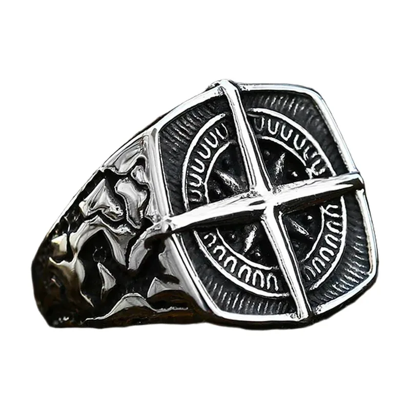 Vegvisir Kompass und Kreuz Siegelring, Edelstahl