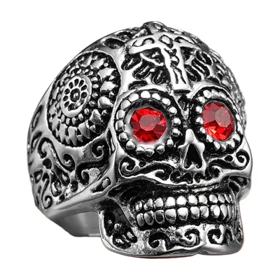 Gotischer Totenkopf-Ring mit roten Steinen und Kreuz, Edelstahl