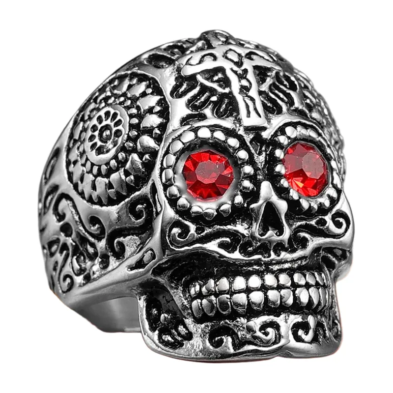Gothic Skull Ring with Red Stones and Cross, Stainless Steel