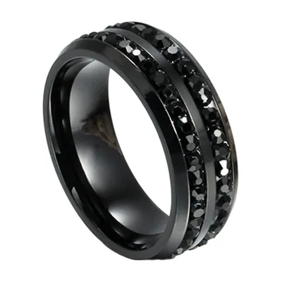Anillo de Banda Negro con dos filas de Circonitas, Acero Inoxidable
