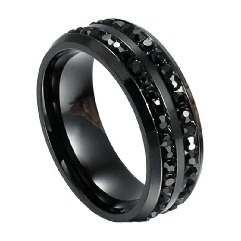 Bague Anneau Noire à deux rangées de Zirconium, Acier Inoxydable