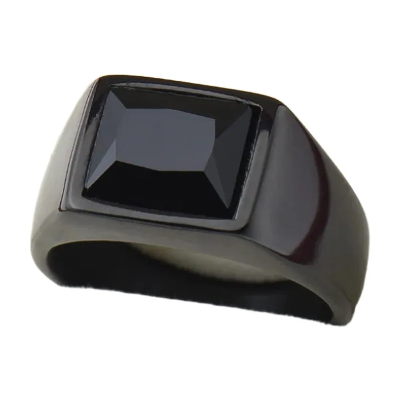 Anillo Sello Cuadrado con Zirconia Negra, Acero Inoxidable
