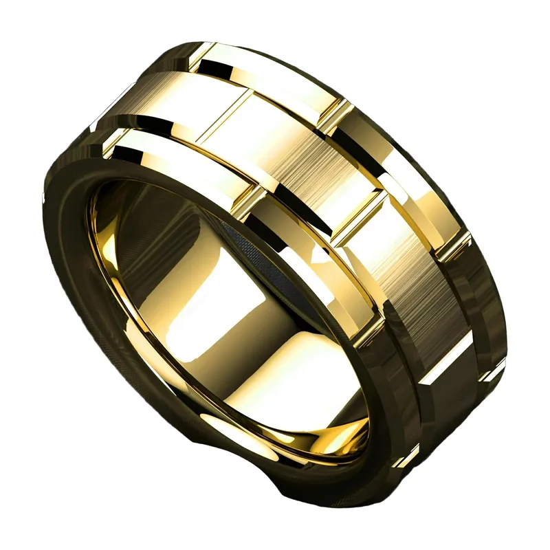 Brick Pattern Band Ring with Double Groove, Stainless Steel