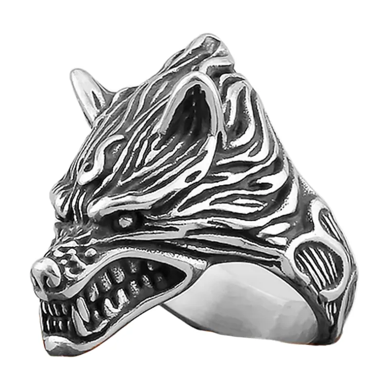 Wolfskopf Statement-Ring im Wikinger-Stil, Edelstahl