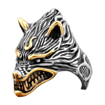 Wolf-Kopf Statement-Ring im Antik-Look, Edelstahl