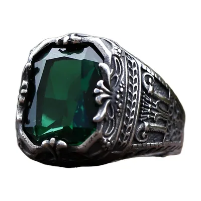 Anillo Sello con Totem de Corona y Piedra Verde, Acero Inoxidable