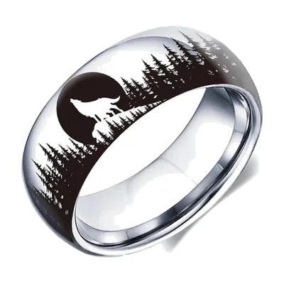 Anello Lupo e Luna con Scena di Foresta, Acciaio Inossidabile