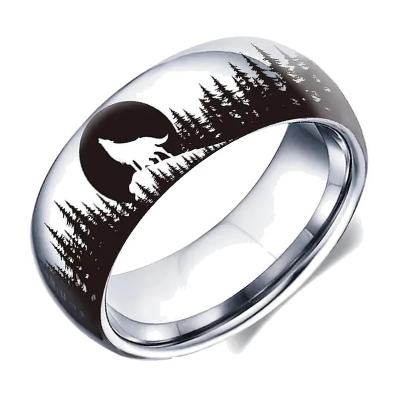 Wolf und Mond Ring mit Waldmotiv, Edelstahl