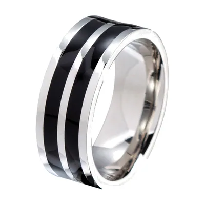 Polished Band Ring with Black Inlay, Stainless Steel