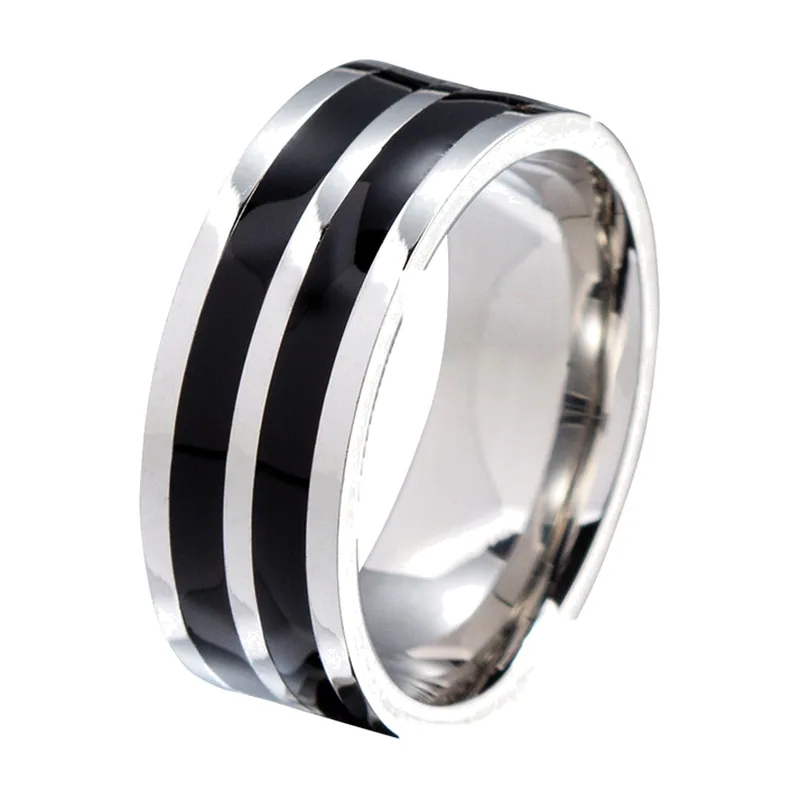 Bague Alliance avec Incrustation Noire, Acier Inoxydable