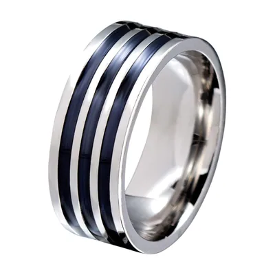 Grooved Band Ring with Black Accents, Stainless Steel