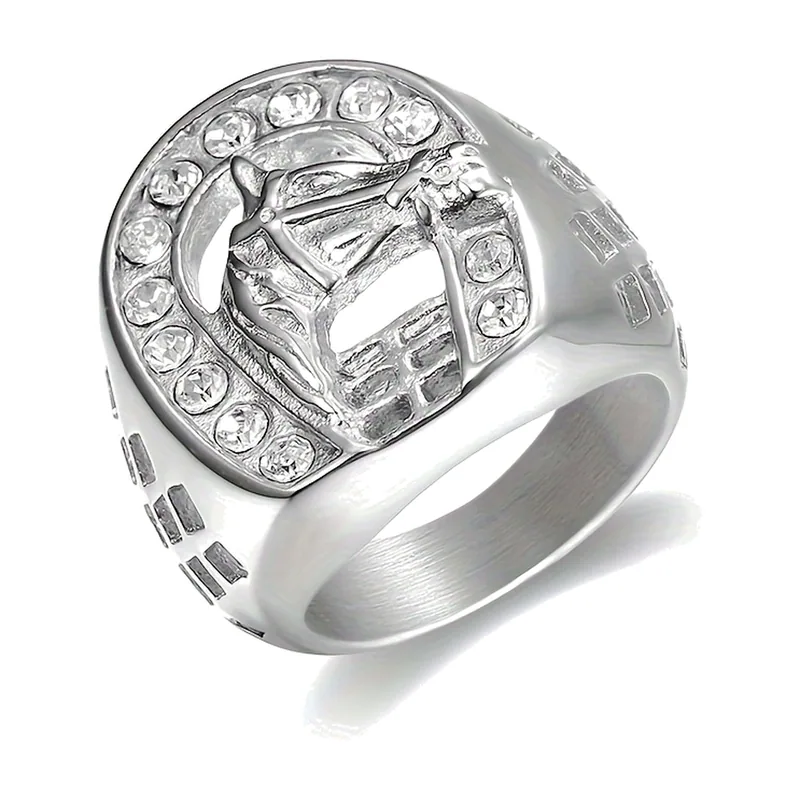 Bague Statement avec motif Fer à Cheval et Zirconia, Acier Inoxydable