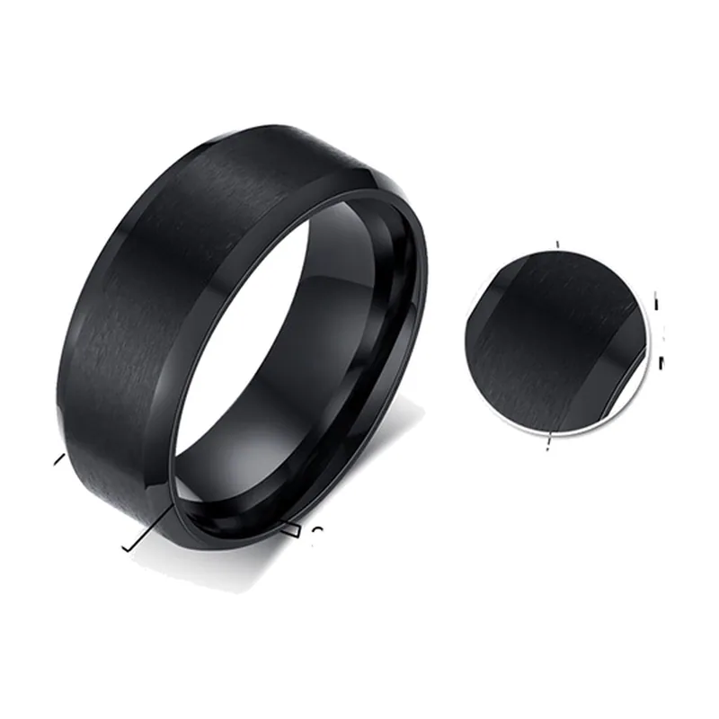 Anillo de Banda Negro Mate con Doble Bisel, Acero Inoxidable