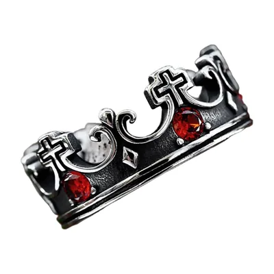 Kronen-Ring mit roten Steinen und Kreuz-Motiv, Edelstahl