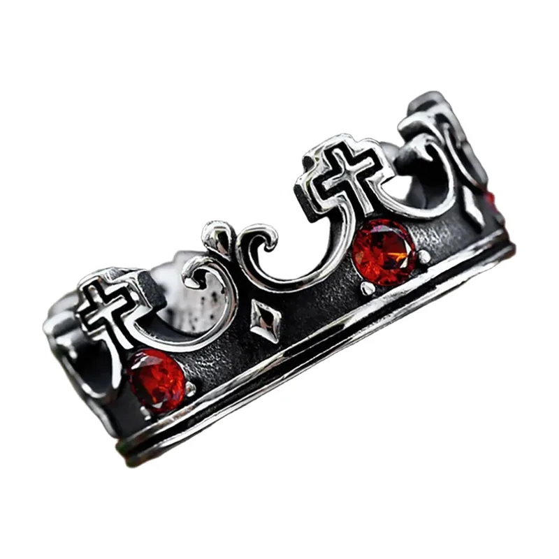 Kronen-Ring mit roten Steinen und Kreuz-Motiv, Edelstahl