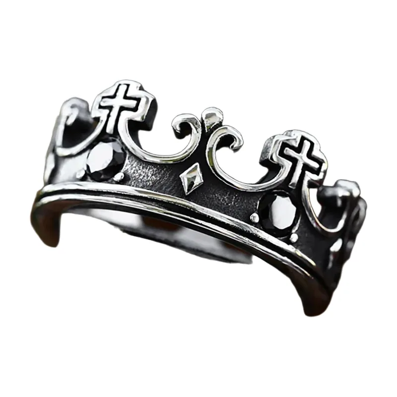 Anello Corona e Croce con Zirconia Nera, Acciaio Inossidabile
