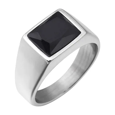 Square Signet Ring with Black Onyx, Stainless Steel