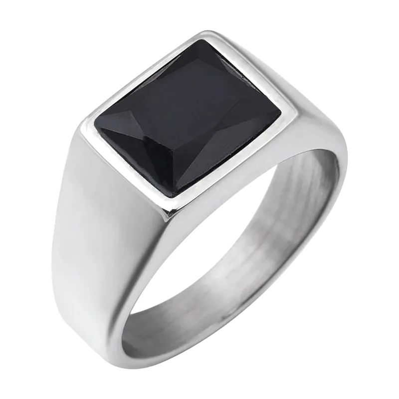 Chevalière carrée avec Onyx noir, Acier Inoxydable