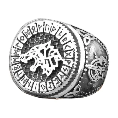 Wolf Head Signet Ring with Runes, Stainless Steel