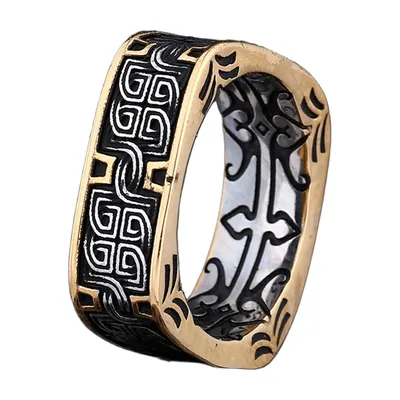 Square Signet Ring with Greek Key Pattern, Stainless Steel