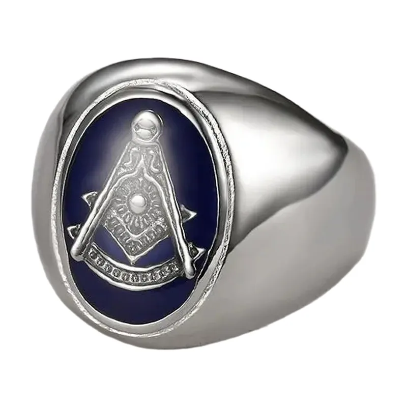 Anello Sigillo Massonico con Squadra e Compasso e Smalto Blu, Acciaio Inox