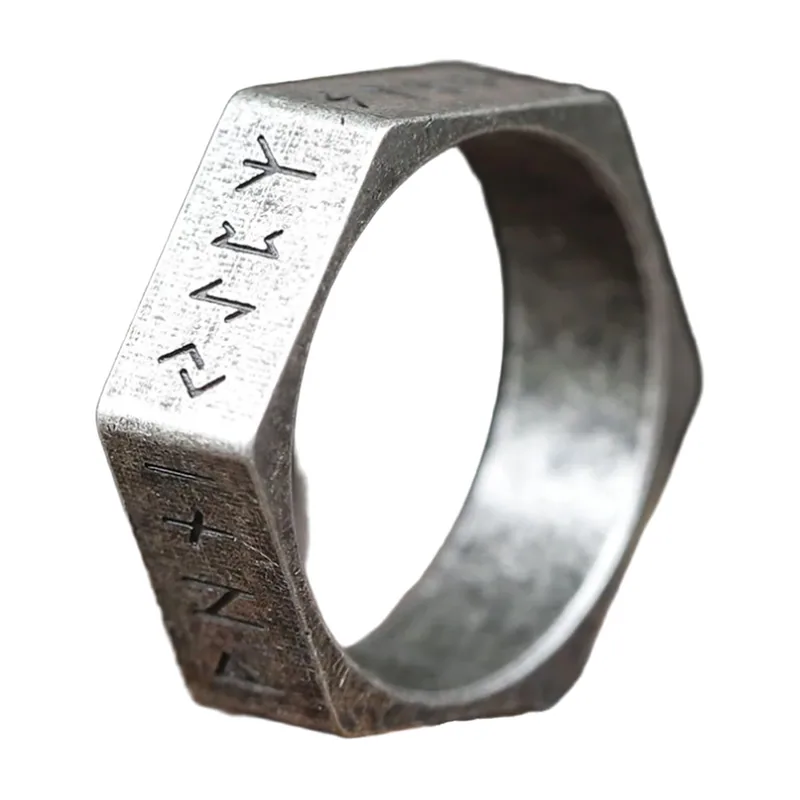Hexagonaler Wikinger-Ring mit nordischen Runen, Edelstahl