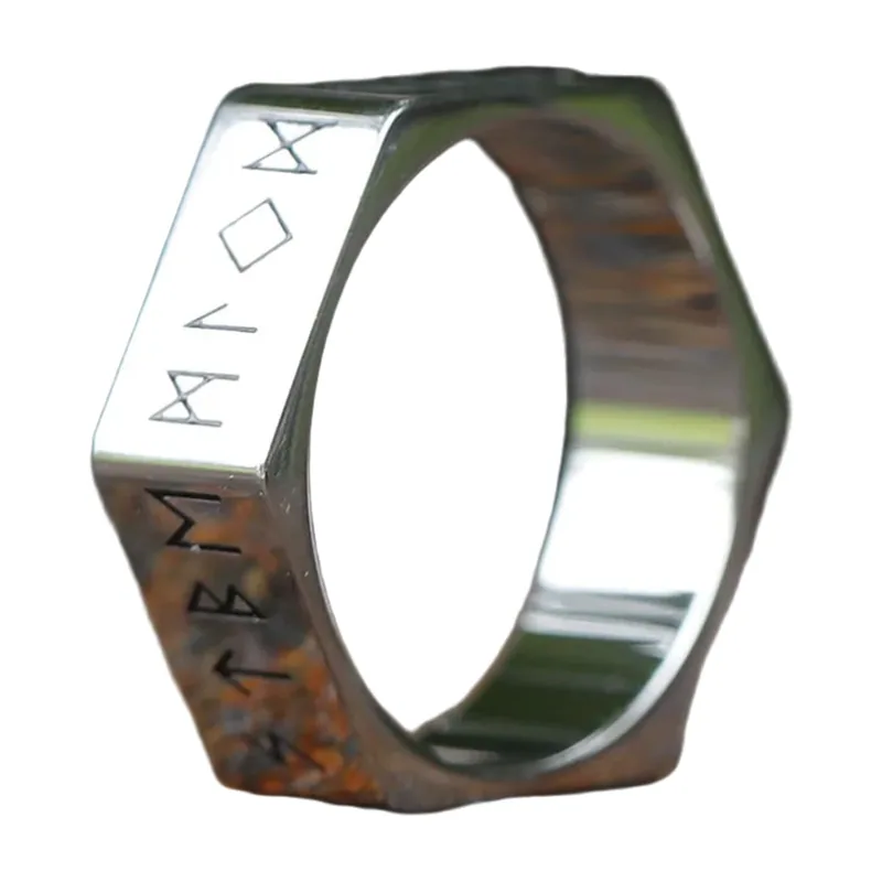Hexagonaler Wikinger-Ring mit nordischen Runen, Edelstahl