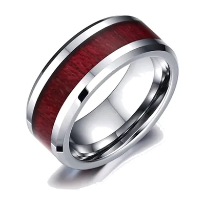 Anello in acciaio inossidabile con intarsio in legno rosso