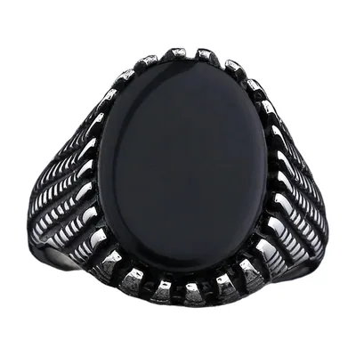 Anello Sigillo Ovale con Pietra Nera, Acciaio Inossidabile 316L