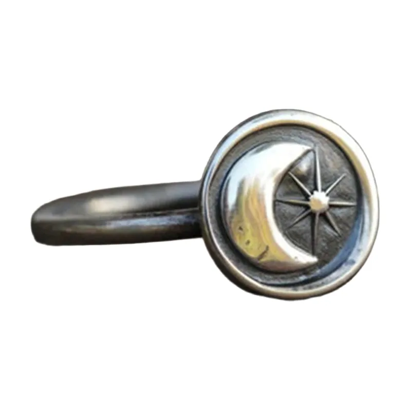 Chevalière Lune et Étoile, Acier Inoxydable 316L Finition Antique