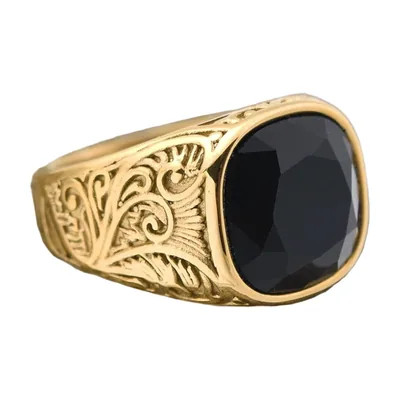 Anello Sigillo Quadrato con Pietra Nera e Incisioni Floreali, Acciaio Inox
