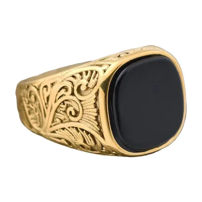 Anello Sigillo Quadrato con Pietra Nera e Incisioni Floreali, Acciaio Inossidabile