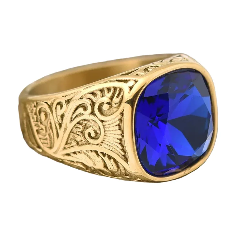 Square Signet Ring with Blue Stone and Floral Scroll, Stainless Steel