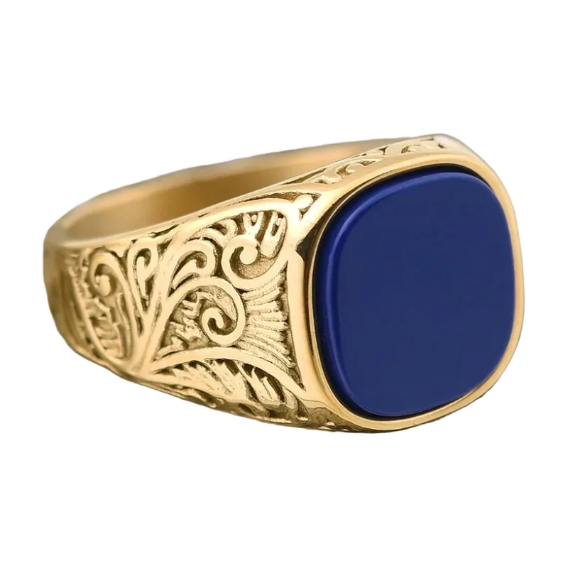 Square Signet Ring with Blue Stone and Floral Engravings, Stainless Steel