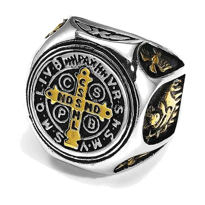 Anillo Sello con Medalla de San Benito, Acero Inoxidable